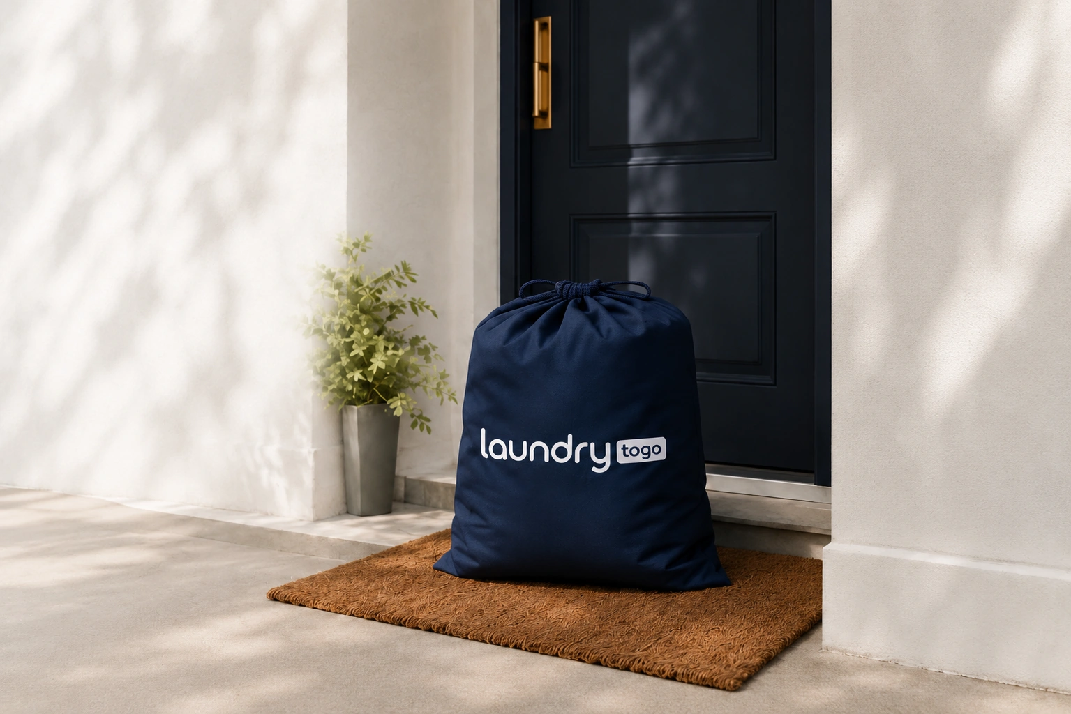 LaundryToGo laundry bag waiting at an apartment door